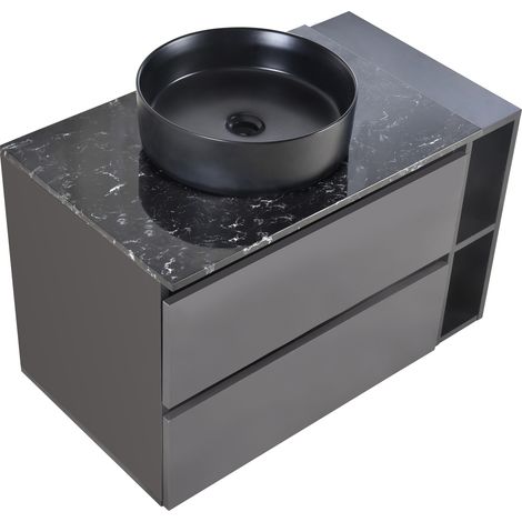 Meuble évier suspendu largeur 80 cm, avec évier en céramique, avec tiroirs, design moderne, noir et gris (1/5)