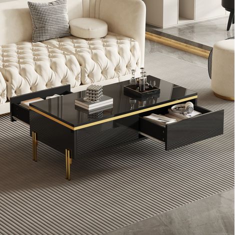 Moderner schwarzer Couchtisch mit 2 versteckten Schubladen, Metallbeinen, 100 x 50 x 36 cm (1/5)