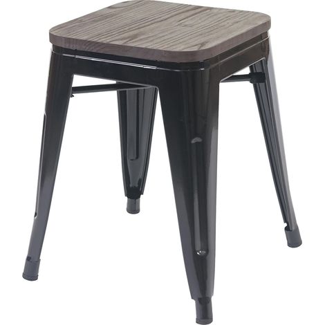 Hocker HHG-908 inkl. Holz-Sitzfläche, Metallhocker Sitzhocker, Metall Industriedesign stapelbar schwarz