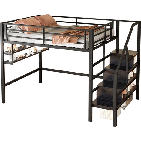 Lit mezzanine 140 x 200 cm avec étagères, escalier de rangement, espace libre sous le lit pour se déguiser, garde-corps, sans matelas, noir