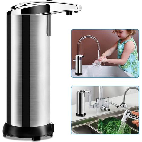 Dispensador automático de jabón, dispensador de jabón infrarrojo con sensor de acero inoxidable, dispensador de jabón líquido sin contacto para cocinas y baños con base impermeable (210 ml) (1/5)