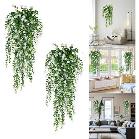 Plantes suspendues artificielles 2 pièces, fleurs artificielles blanches, décoration de lierre artificiel, murs intérieurs et extérieurs (1/4)