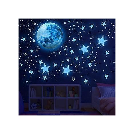 435 pièces. Stickers de plafond étoiles brillantes lune et étoiles brillantes bleues 30 cm lune + 27 étoiles + 407 points (1/5)