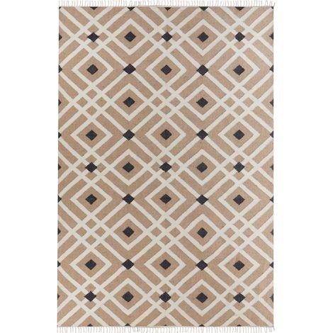 Alfombra de yute trenzado de algodón natural de estilo boho con borlas de diseño geométrico 200 x 300 cm beige Esencik