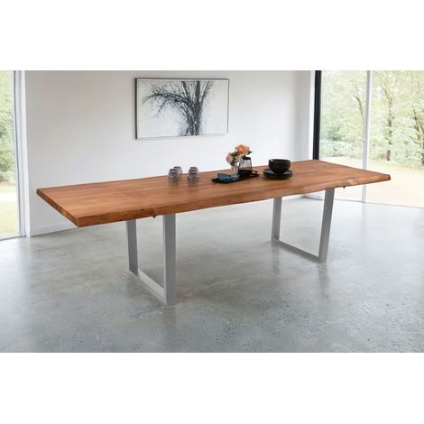 Esstisch Baumkante Akazie natur 160 (260) x 90 cm U-Gestell silber mit Ansteckplatten CALI (1/5)
