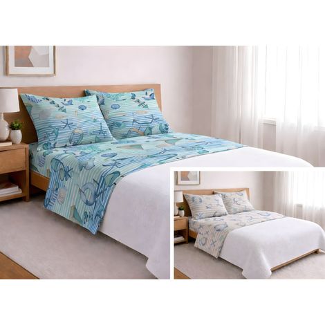 Completo Lenzuola Letto In 100% Cotone Made Italy Disegno Mare, misuraPiazza E MezzacoloreBeige