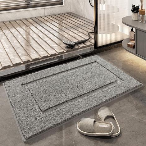 Tapis de bain antidérapant gris rayé 40x60cm, moquette floquée unie pour salle de bain, sol épais anti-glisse pour chambre, absorbant et facile d'entretien (1/5)