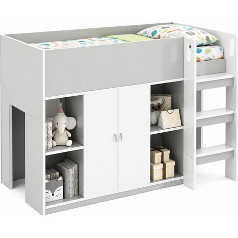 Lit mezzanine 90 x 200 avec rangements, armoire, étagères et échelle, structure en bois gris et blanc pratique pour chambre enfant - CHICFURN (1/5)