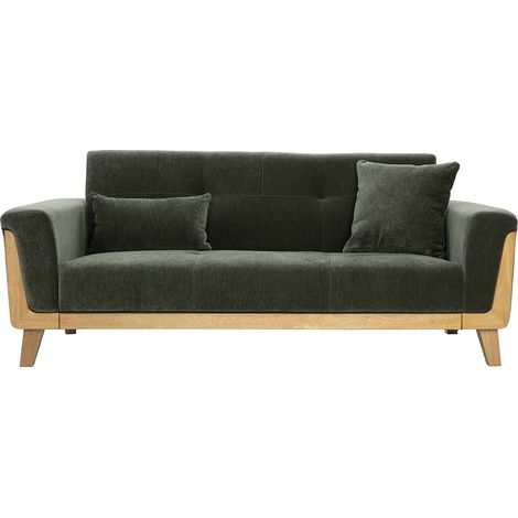 Divano Scandinavo 3 posti in tessuto effetto velluto verde kaki e legno chiaro FJORD