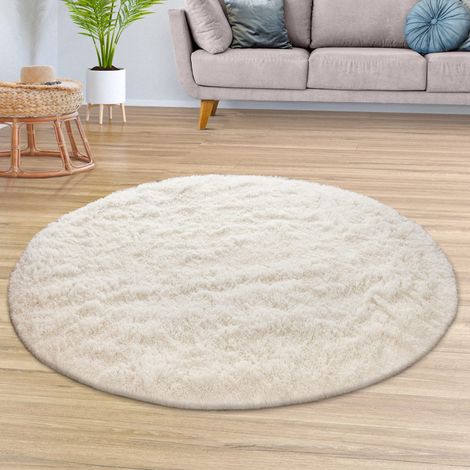 Teppich Wohnzimmer Hochflor Langflor Weich Soft Modernes Einfarbiges Design 80 cm x 80 cm x 37 mm Elfenbein Rund (1/5)