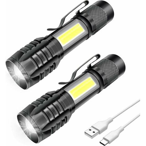 2er-Pack professionelle, wiederaufladbare LED-Taschenlampen, leistungsstark, 3 Zoomstufen, kompakte COB-LED mit Magnet, IP5 wasserdicht (ideal für Militär, Camping und Wandern), 1000 mAh, 2 Stück
