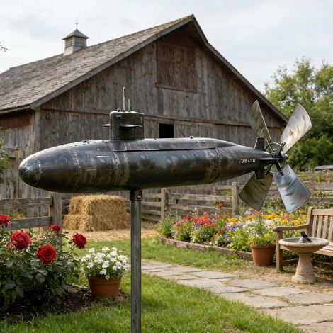 Girandola a Vento Sottomarina, Mulino a Vento da Corazzata da Giardino in Ferro su Paletto, Mulino a Vento da Giardino Sottomarino Marino Fantasia, Decorazione Esterna Corazzata Scultura Mulini a Vent (1/5)