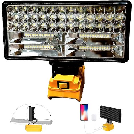 Lampe de travail LED sans fil pour batterie Dewalt 18 V, 90 W 6800 ml, large faisceau avec deux ports de charge USB, lumière LED pour urgence, atelier, garage (sans batterie) [Classe énergétique A+++] (1/5)