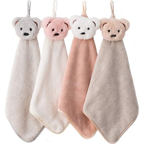 Lot de 4 serviettes, ensemble de serviettes mignonnes avec anneau de suspension, serviette pour enfants à motifs animaux, séchage rapide, serviette absorbante pour la cuisine et la salle de bain (1/5)