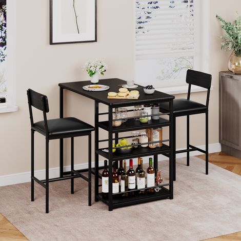 Bar Table Set - with 2 Stools - Black Finish, Sturdy Construction - for Kitchen, Balcony, Bar Area (1/5)