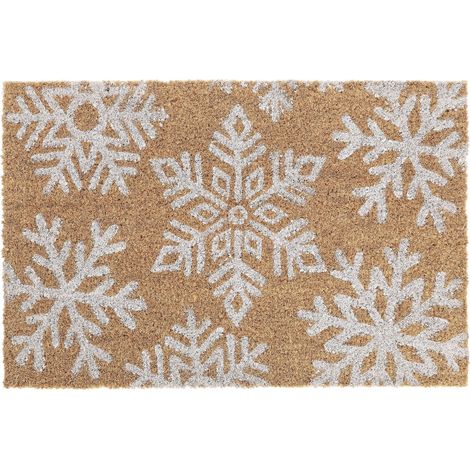Paillasson Coco, Flocons de Neige, antidérapant, 60 x 40 cm, pour intérieur et extérieur, Nature/Blanc (1/5)