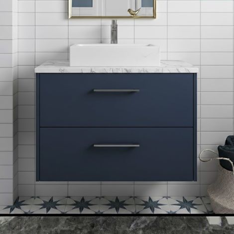 Hudson Reed Juno Wall Hung 2-Drawer Vanity Unit with Carrera Marble Worktop 800mm Wide - Midnight Blue (1/4)