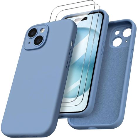 iPhone 15 Hülle flüssiges Silikon Kameraschutz 2 Schutzfolien 6.1 Zoll Blau (1/5)