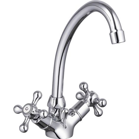 1 Mitigeur lavabo haut rétro chromé, laiton, compatible eau potable, avec flexibles et vidage, pour salle de bain (1/5)