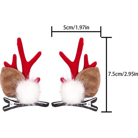 Pinces à cheveux Noël bois de cerf rouge velours, lot de 2 avec oreilles fourrées (1/4)