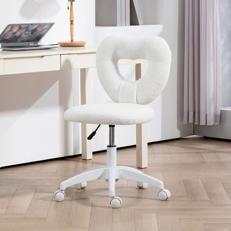 Gepolsterter Bürostuhl mit herzförmiger Rückenlehne und Rollen, drehbarer Teddy-Samtstuhl, moderner Sessel für Arbeitszimmer und Schlafzimmer, 45 x 56 x 78–88 cm, Weiß (1/5)