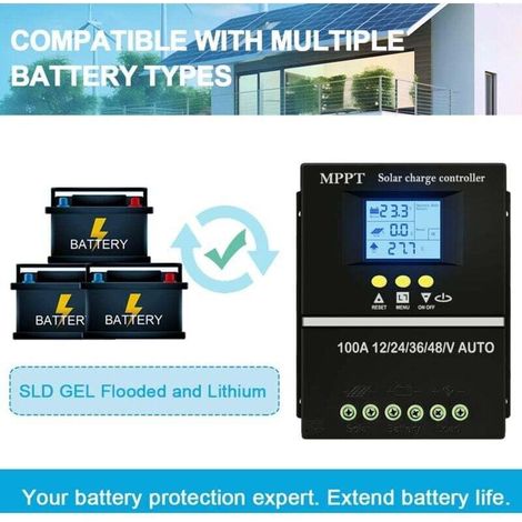 Regolatore di carica solare MPPT da 100 A 12 V 24 V 36 V 48 V con display LCD, regolatore intelligente per batterie, max 100 V, doppio ingresso USB. (1/5)