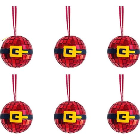 (6 pièces + 0,2 yuan) 6 boules de Noël rouges en verre miroir de 5 cm avec ceinture de Père Noël, décoration pour sapin de Noël (1/2)
