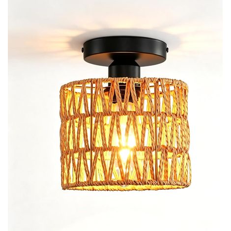 Plafonnier Rotin: 18cm Plafonnier Vintage Boho Avec Abat-Jour En Rotin, éclairage Plafond Tissées Main Pour Chambre D'enfant, Chambre à Coucher, Corridor, Passage (Ampoule Non Incluse) (1/5)