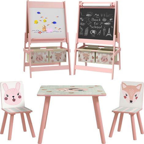ZONEKIZ Kids Table and Chairs and Kids Easel Set with Storage, Pink (1/5)