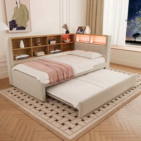 Cama individual moderna 90x200 cm con cama nido 90x190 cm, flanela beige, LED, USB y compartimentos de almacenaje (1/5)