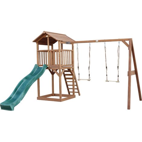 Axi Beach Tower Aire De Jeux Avec Toboggan En Vert, 2 Balançoires & Bac À Sable  Grande Maison Enfant Extérieur En Marron  Cabane De Jeu En Bois Fsc
