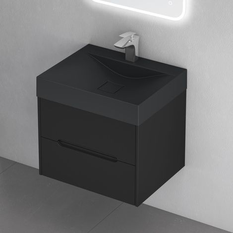doporro Mobile Bagno Sospeso con Lavabo in Resina Minerale Set di Mobili da Bagno 60x56x48cm Nero Opaco Mobiletto con Lavandino Bagno e 2 Cassetti Spaziosi SeriaYoga-Lackier (1/5)