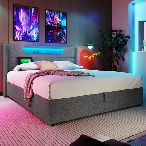 Lit enfant coffre 140x200 cm avec éclairage LED Lit double rembourré avec chargement USB et Type C cadre de lit en lin Gris (1/5)
