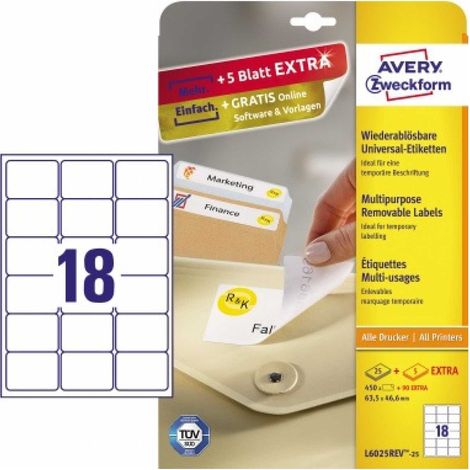 Universaletikett 63,5 x 46,6 mm (B x H) wieder ablösbar Papier weiß 540 Etik./Pack. (1/5)