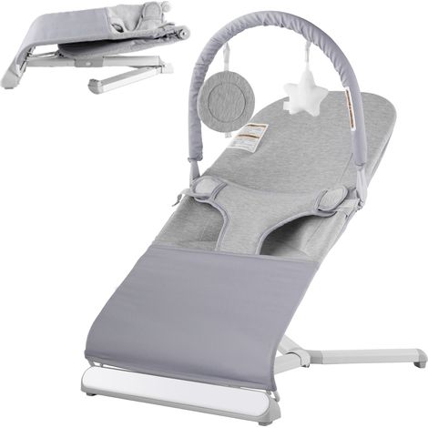 VEVOR Baby Bouncer, Folding Bouncer Seat for Babies 0-9 Months, Newborn Bouncer Chair with 2 Reclining Angles & Rotatable Toy Bar, Portable Infant Rocker with Travel Bag for Indoor Outdoor, Light Gray (1/5)