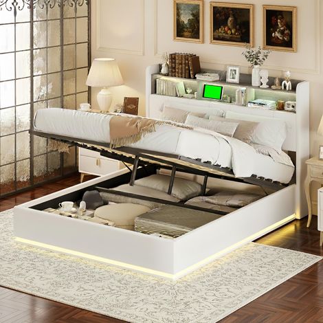 Canapé abatibel 140x190 cm, con cabecero overdee, iluminación LED regulabel, ports USB, tissu en terciopelo, somier de láminas, cama dobel capitoné - Blanco