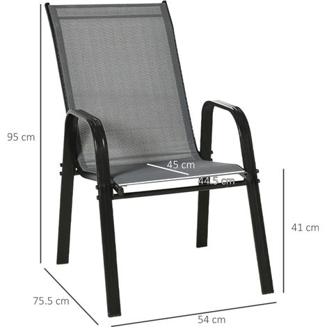 Un ensemble de quatre chaises de jardin empilables et peu encombrantes (grises) avec accoudoirs en métal et en maille. (1/5)