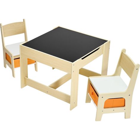 Table et 2 chaises pour enfants, bureau en bois avec rangement sous la table et boîte en tissu sous les chaises, idéal pour activités créatives, lecture et apprentissage. (1/5)