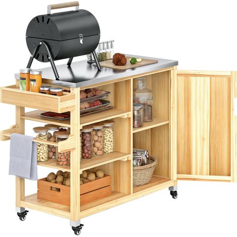 Îlot de cuisine d'extérieur, chariot de barbecue avec placards et étagères, chariot de cuisine en bois et acier inoxydable, avec roulettes, bois naturel. (1/5)