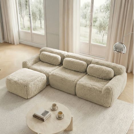 Sofá modular esquinero de felpa, Light Khaki, sin montaje, con cojines,204x179x73 cm (1/5)