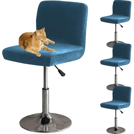 Housses De Chaise De Bar avec Dossier, Élastique Velours Tissu Housses De Tabouret De Pub Amovible Courte Arrière Pivotant Couverture De Chaise-Bleu-4 Pièces (1/5)