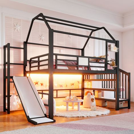 Lit mezzanine enfant 140x200 cm - lit cabane avec toboggan - escalier de rangement - penderie et LED Bluetooth - métal/MDF - noir (1/5)