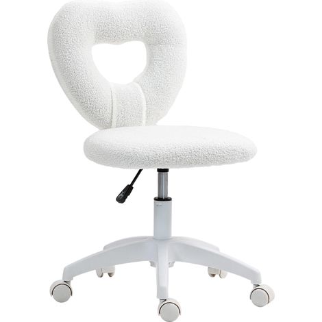 Chaise de bureau rembourrée avec dossier en forme de cœur et roulettes, en velours peluche et plastique, 45 x 56 x 78-88 cm, blanche