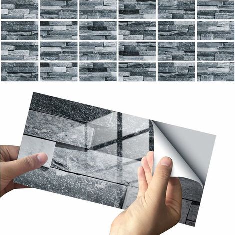 24Pcs Stickers Carrelage AutoAdhésif, Autocollant Carreau de Cristal Effet Brique, Imperméable Stickers Carrelage Mural pour Cuisine Chambre Salle de Bains 10X20cm, (1/5)