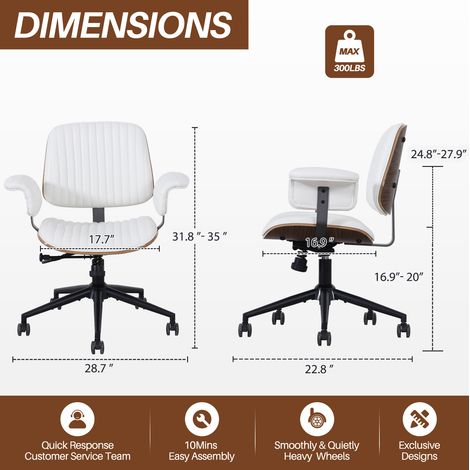 Fauteuil de bureau en cuir PU avec accoudoirs en chêne, siège ergonomique réglable avec roulettes, pivotant 360° (1/5)