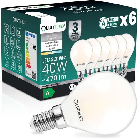6x LED-Lampe E14 Kugel P45 2,2 W 470 lm = 40 W 4000 K Neutralleiter 360° Glühfaden Klasse A LUMILED