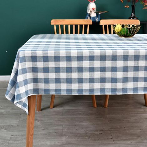 Nappe à carreaux 135x180cm lavable coton aspect lin bleu blanc rectangulaire