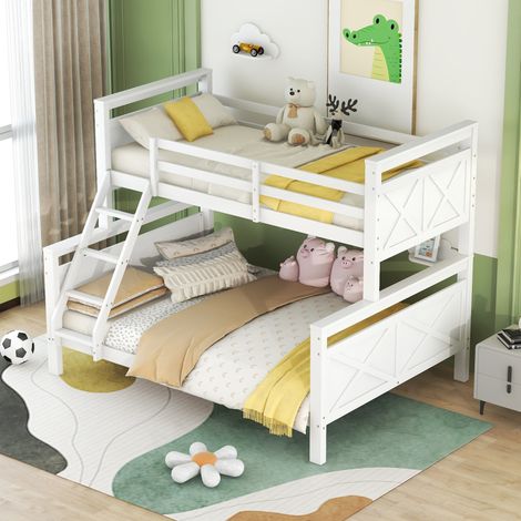 Letto a castello bambini 90x200 cm e 140x200 cm con scala e sponda di sicurezza, trasformabile in 2 letti separati, in legno bianco, materasso non incluso (1/5)