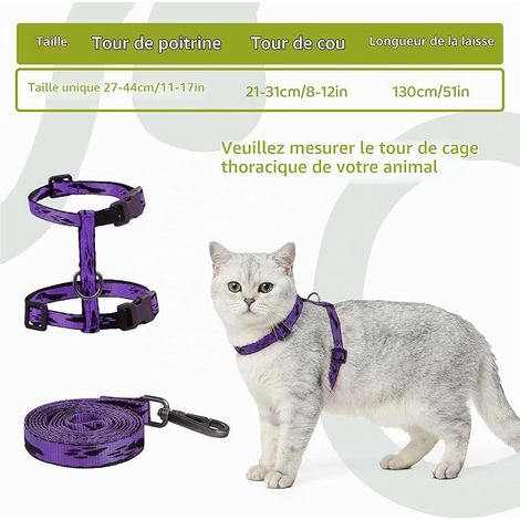 Harnais avec Laisse Réglable, Violet Doux Harnais Chaton 150cm Laisse, Marche Extérieur pour Chats Petits, Moyens, Poitrine 27-44 cm (1/4)