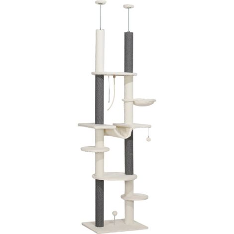 Tiragraffi per gatti alto 225-255 cm, con amaca, palo per graffiare, cuccia e palla, dotato di dispositivo antiribaltamento, colore bianco, spedizione in loco. (1/5)